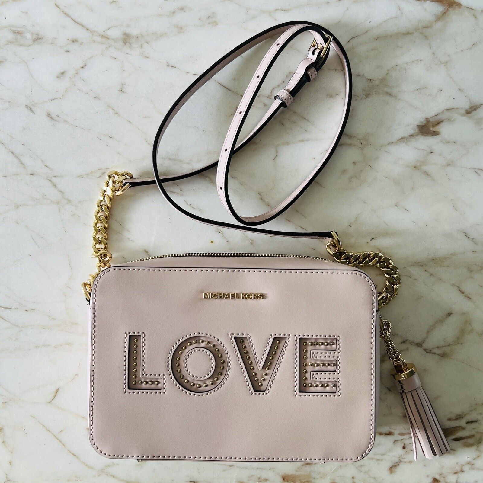 Michael Kors Ginny Soft Pink Leather "Love" Studded Medium Crossbody Camera Bag
